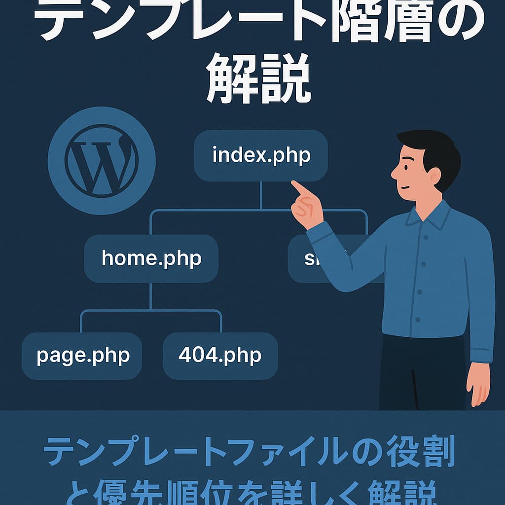 WordPressのテンプレート階層を図解する日本語のインフォグラフィック。男性キャラクターがsingle.phpを指差し、主要テンプレートの構造が表示されている。