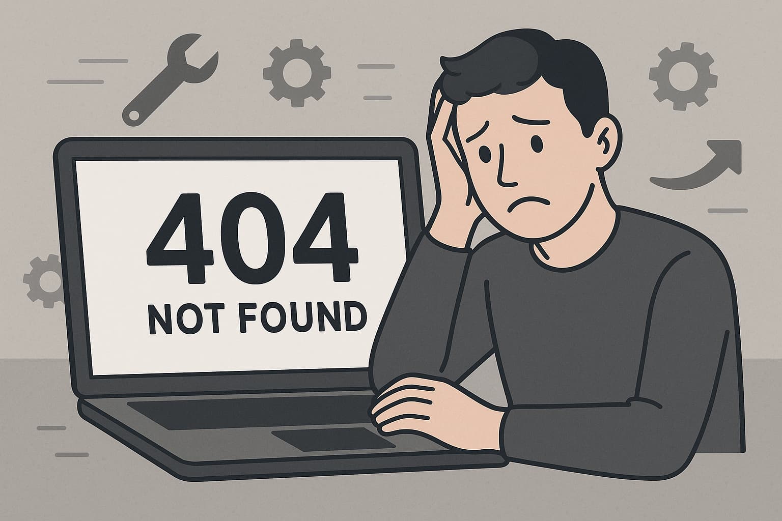 404エラーページと対処法のイメージ画像（パソコンと困っている人）