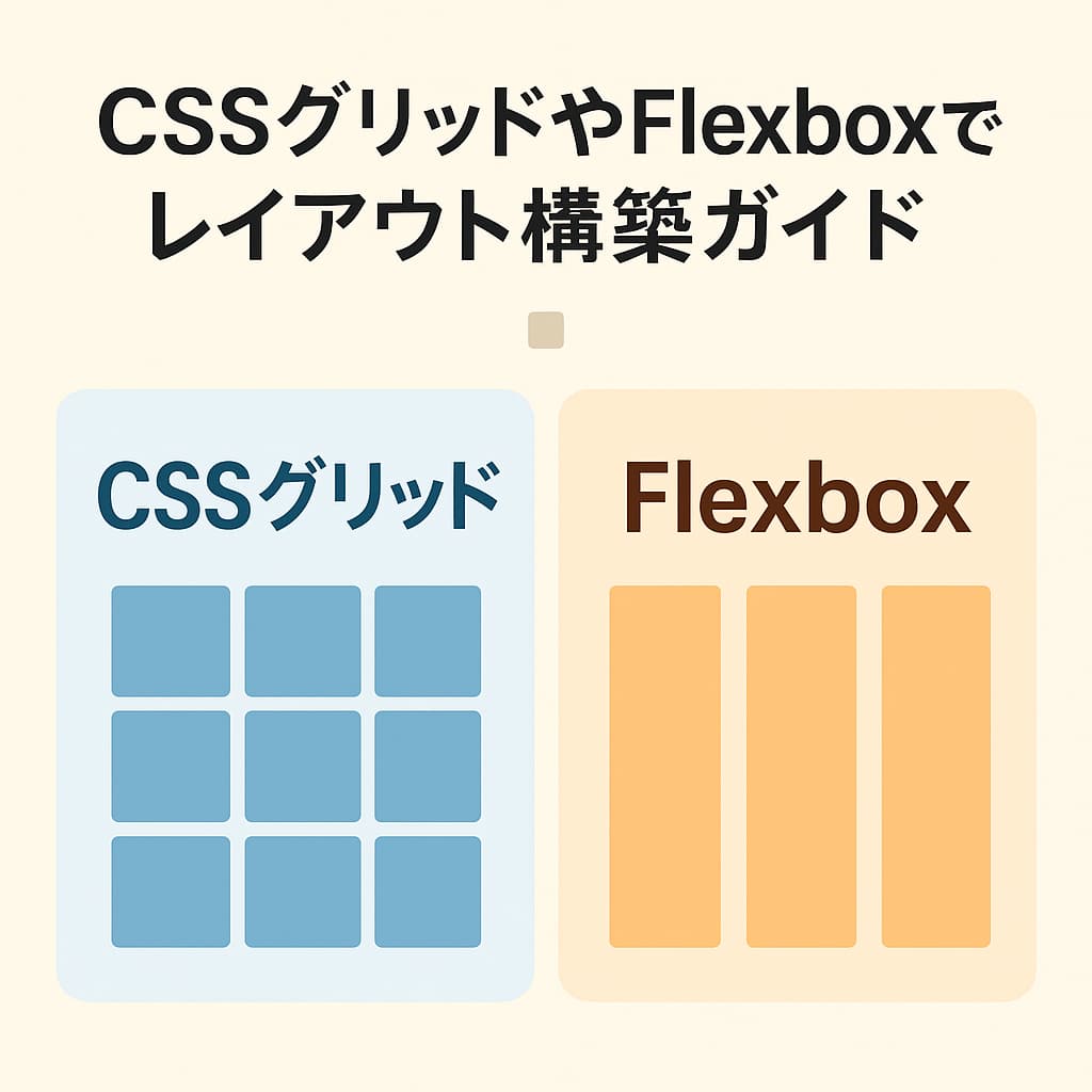 CSSグリッドとFlexboxを比較したレイアウト構築ガイドの図解。グリッドは青いマス目、Flexboxはオレンジの縦並びレイアウトで表現。