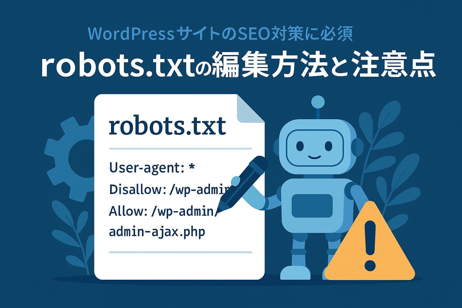 robots.txtの編集に関するイラスト。ロボットとrobots.txtファイル、警告アイコンが描かれている。