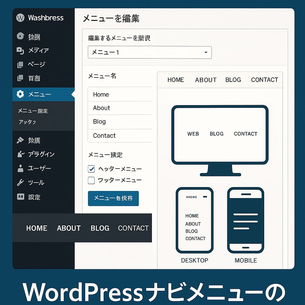 WordPressの管理画面でナビゲーションメニューを作成・編集する画面と、PC・スマホでのメニュー表示例