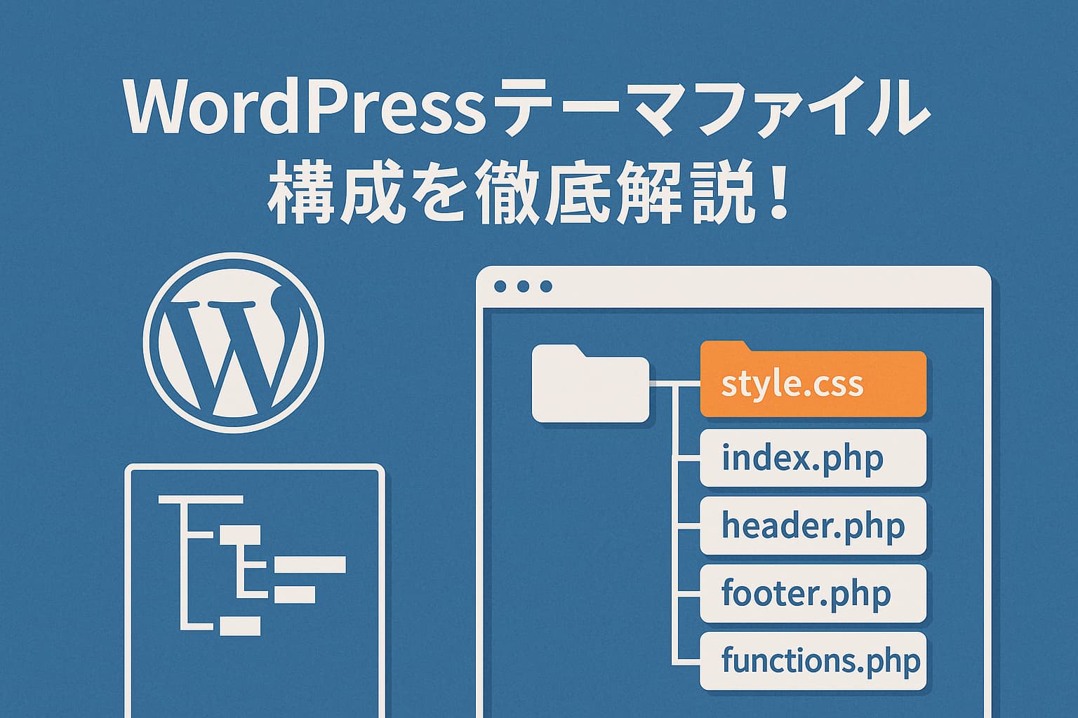 WordPressテーマファイル構成の図解。style.css、index.php、header.phpなどのファイル構成をブラウザ風のウィンドウで表示。