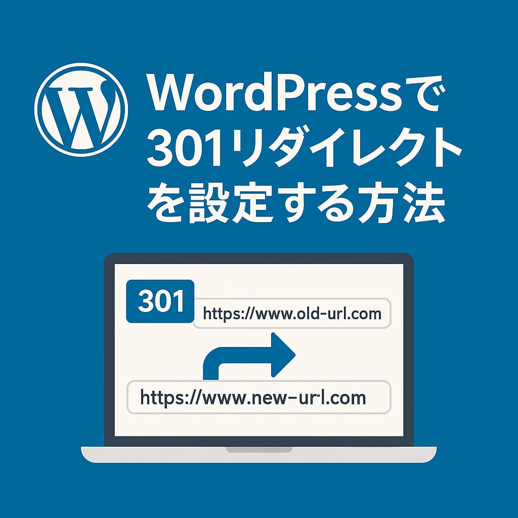 WordPressロゴと301リダイレクトの流れを示す図解。古いURLから新しいURLへの矢印付き。