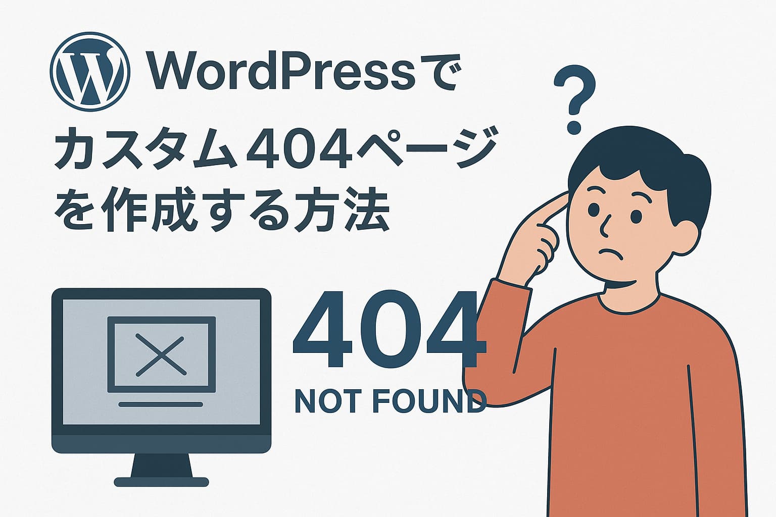 WordPressでカスタム404ページを作成する方法を解説するアイキャッチ画像。404エラーとパソコン画面に悩む人物のイラスト