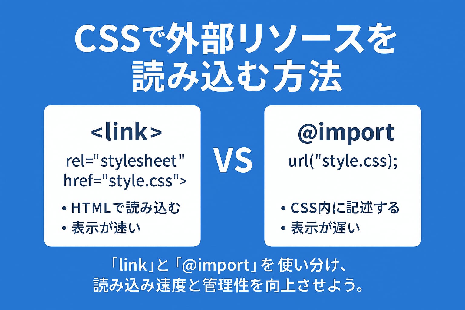 CSSで外部リソースを読み込む方法を解説する図解（linkタグと@importの違い）