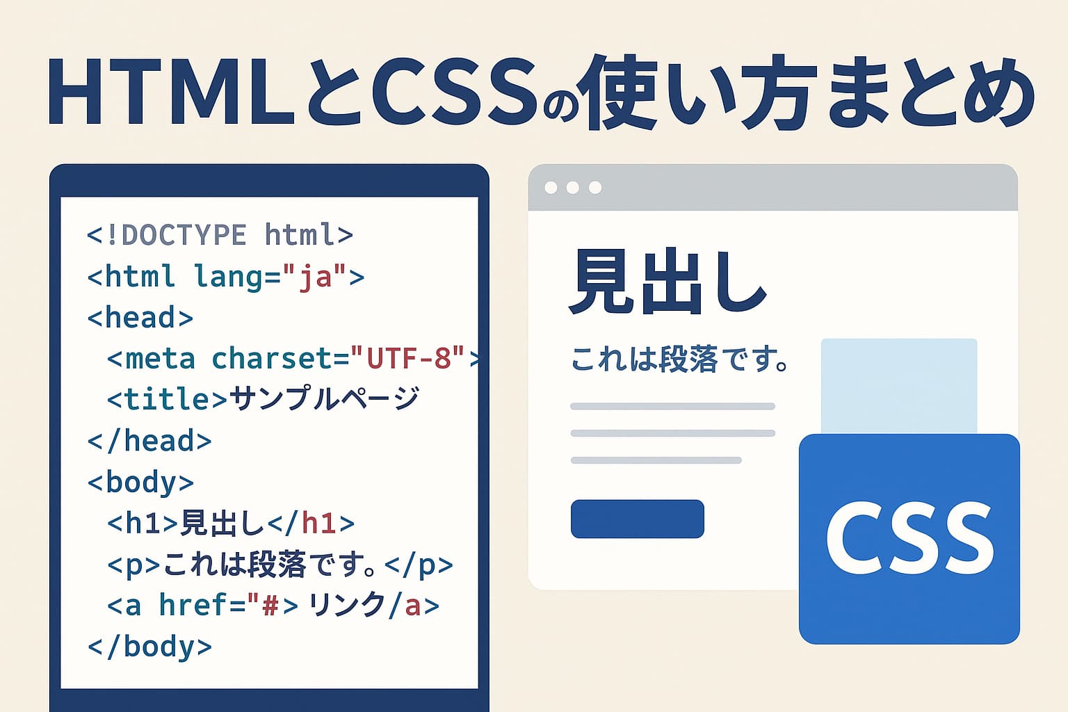 HTMLとCSSの基礎を学ぶためのイメージ（コードとデザインを組み合わせたイラスト）