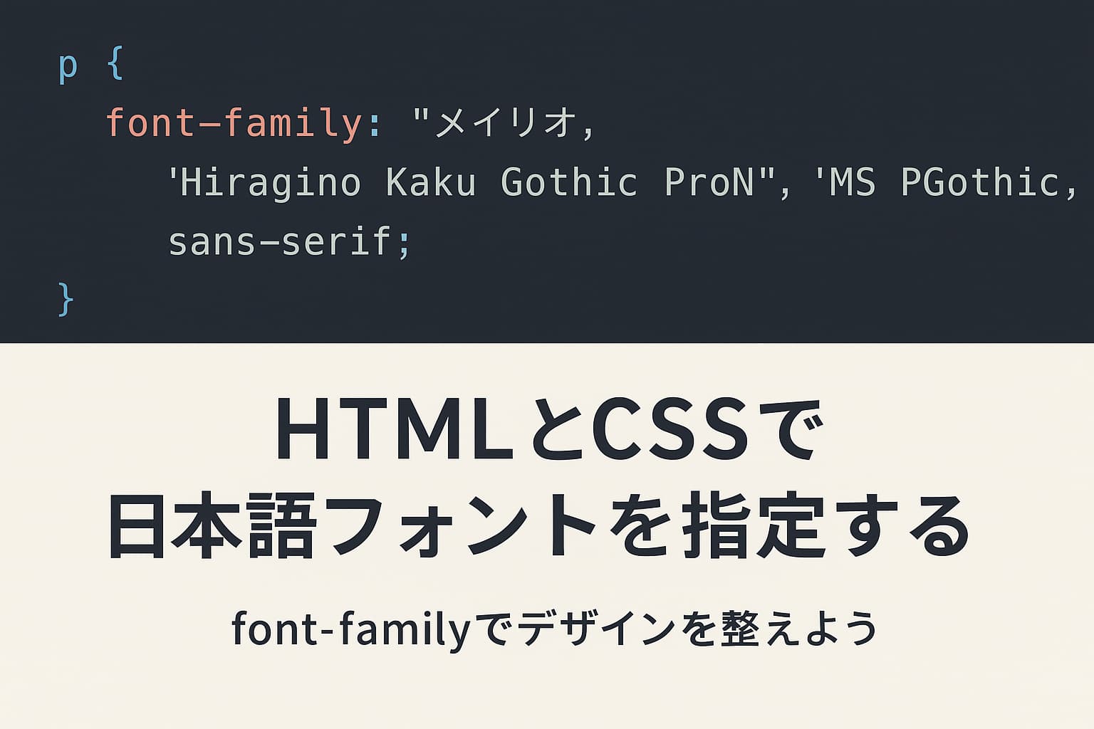 HTMLとCSSで日本語フォントを指定する方法を解説するイメージ（フォント設定のサンプルコードと日本語テキスト）