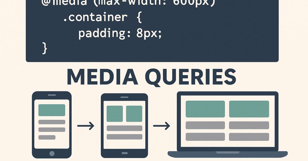CSSのメディアクエリを使って画面幅ごとにレイアウトを切り替える様子を示したイメージ