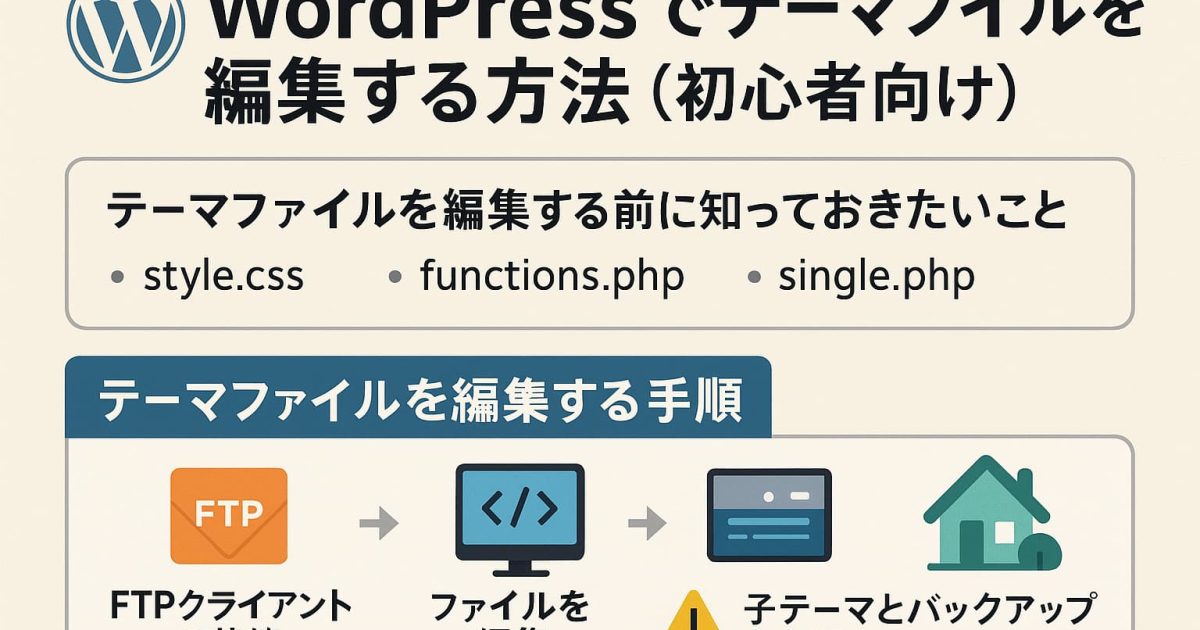 WordPressテーマファイルを編集するための基本手順を紹介する解説イメージ