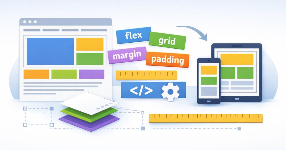 CSSレイアウト設計の基本を表現したWebページ構造とレスポンシブ配置のイメージ