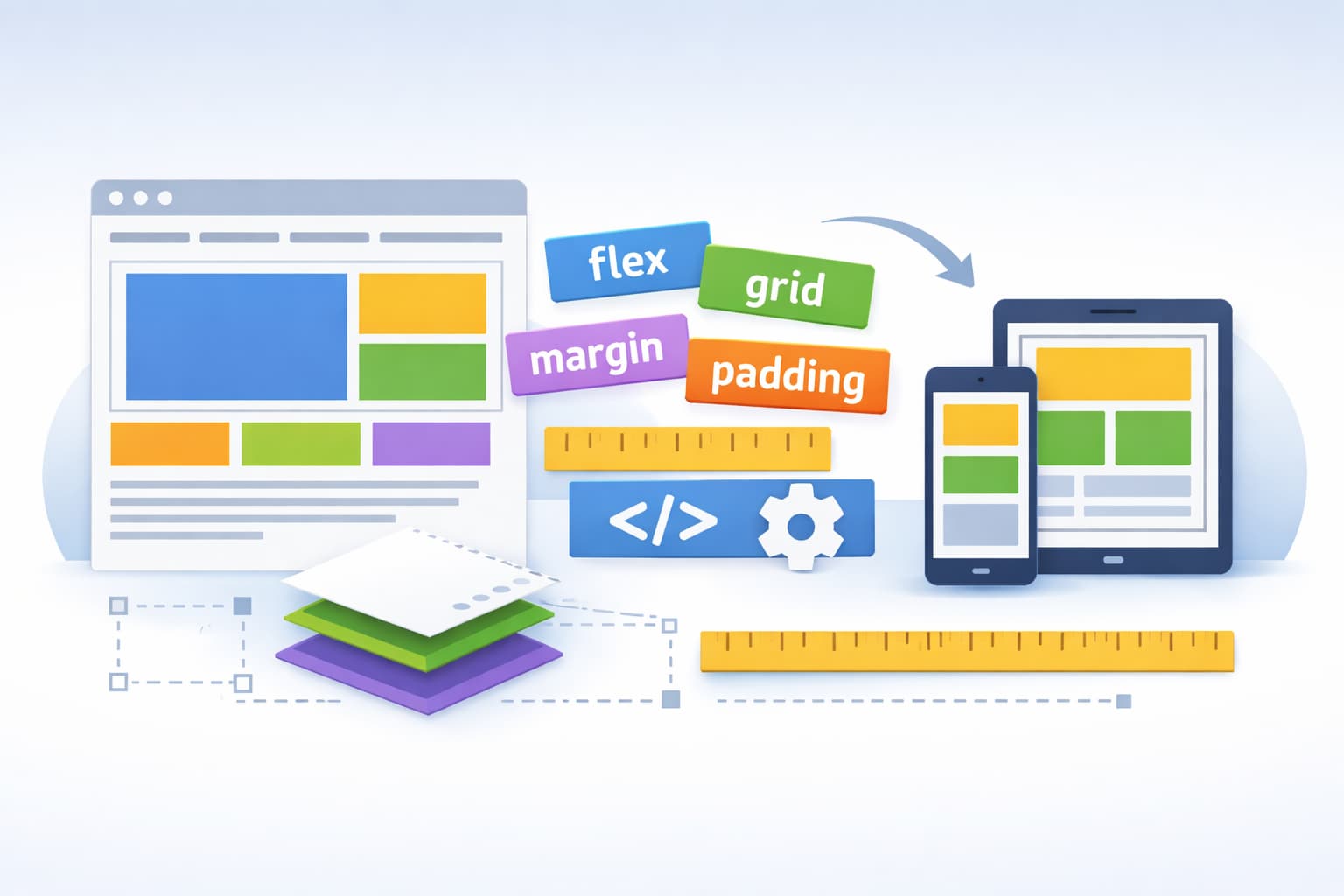 CSSレイアウト設計の基本を表現したWebページ構造とレスポンシブ配置のイメージ
