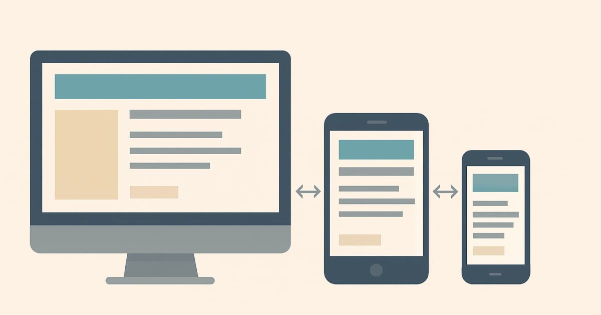 スマートフォン・タブレット・PCでレイアウトが切り替わるレスポンシブWebデザインの概念を表現した図解イメージ