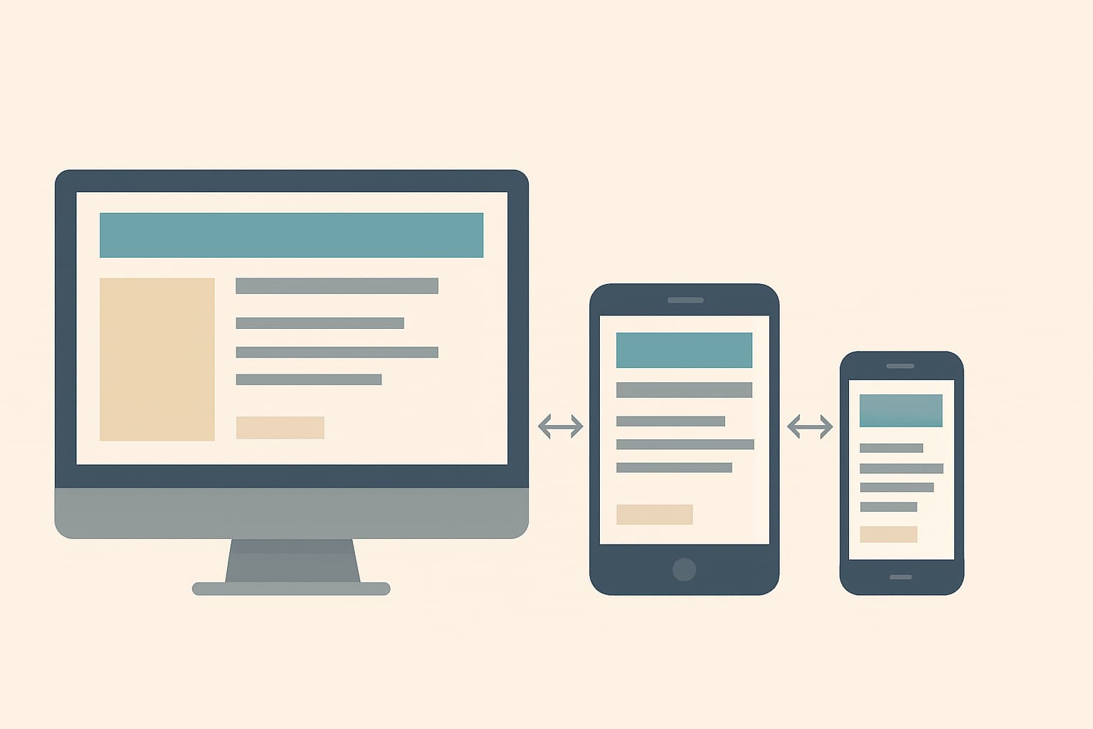 スマートフォン・タブレット・PCでレイアウトが切り替わるレスポンシブWebデザインの概念を表現した図解イメージ