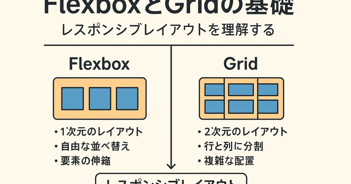 FlexboxとGridの特徴をまとめたレスポンシブレイアウトの解説イメージ