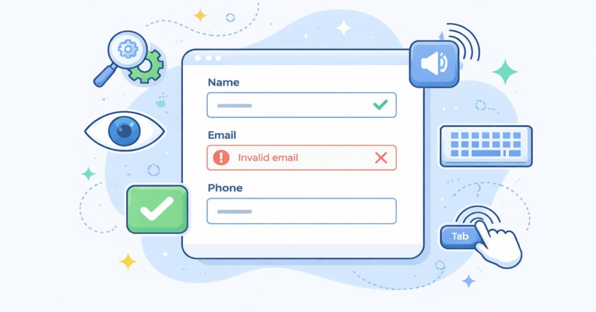 フォームのアクセシビリティ対応をテーマに、入力欄とラベル、エラー表示を整理して示したWebフォームのイメージ