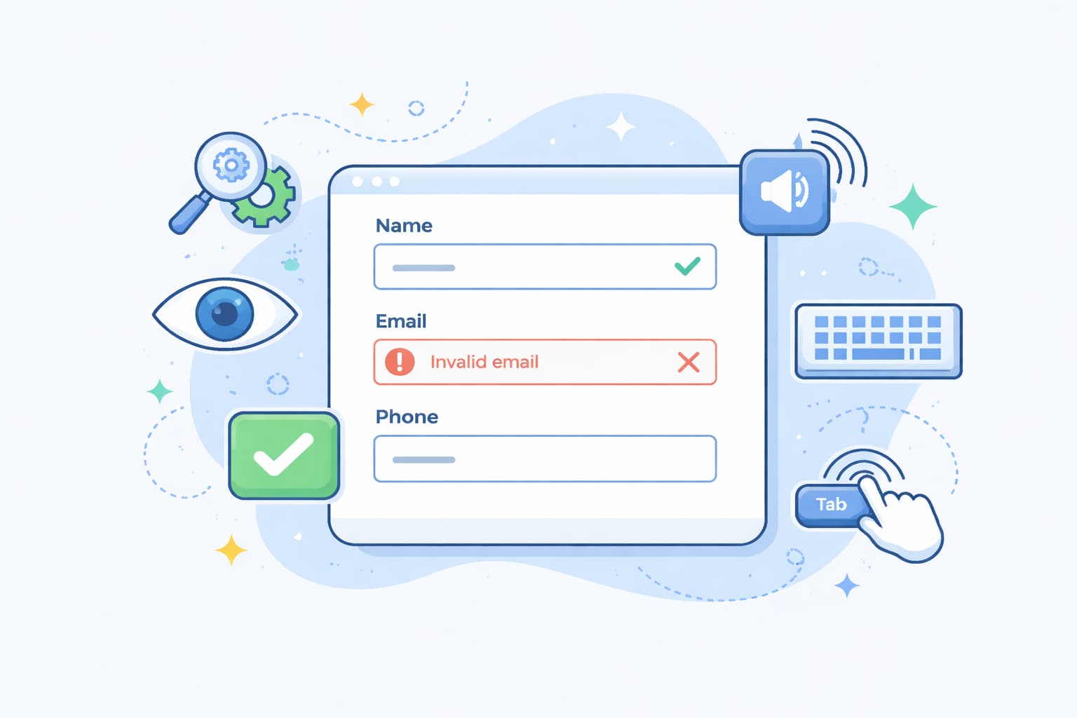 フォームのアクセシビリティ対応をテーマに、入力欄とラベル、エラー表示を整理して示したWebフォームのイメージ