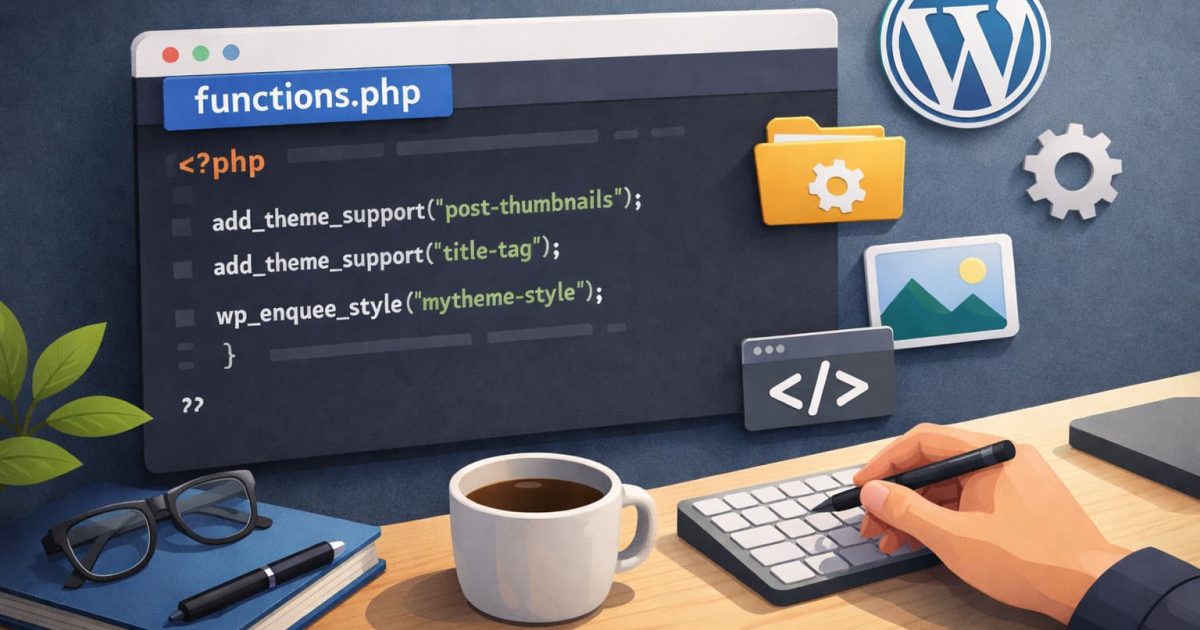 WordPressテーマのfunctions.phpに基本的なコードを記述して機能を追加しているイメージ