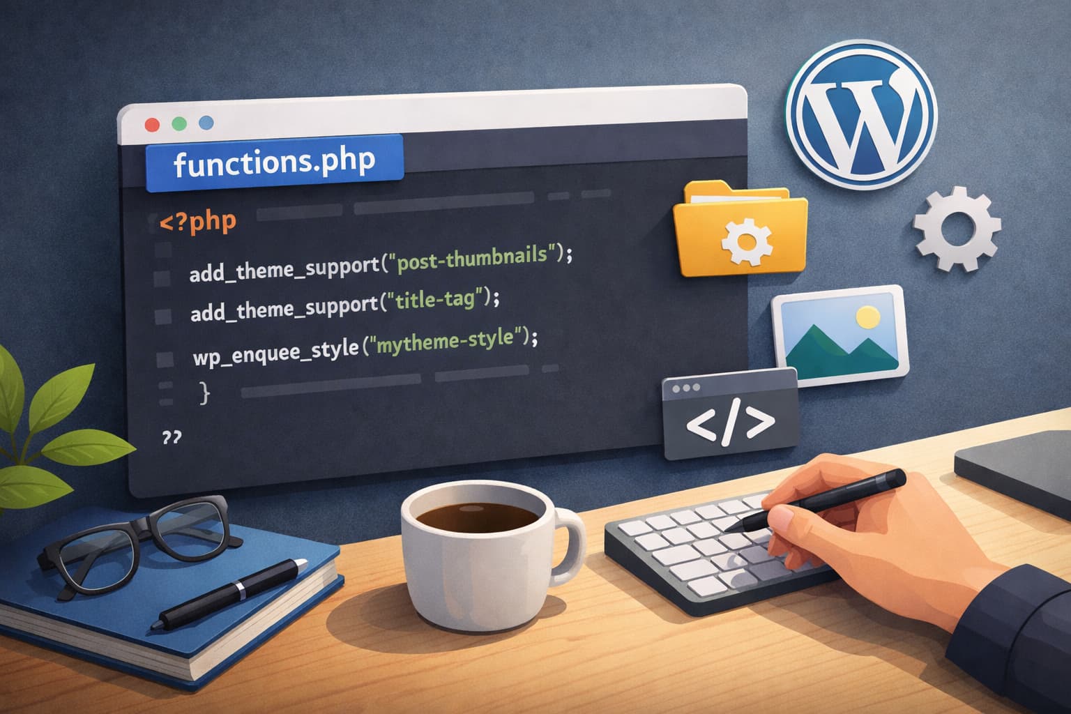 WordPressテーマのfunctions.phpに基本的なコードを記述して機能を追加しているイメージ