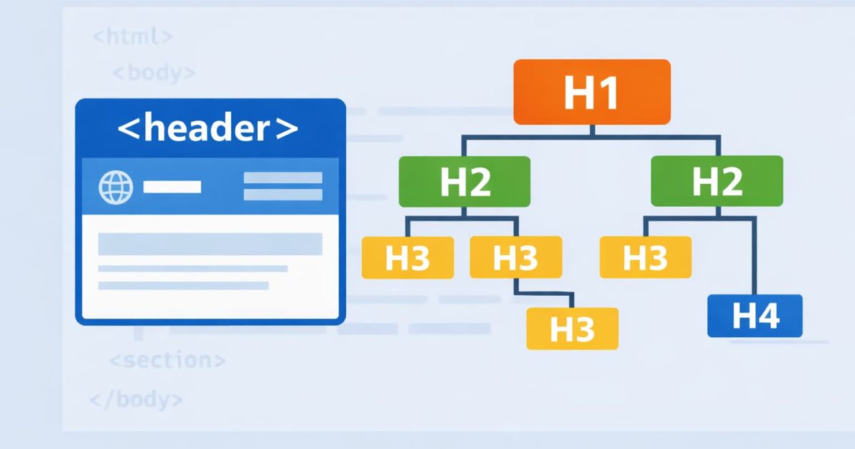 header要素と見出しタグの関係を示したHTML構造の図解イメージ