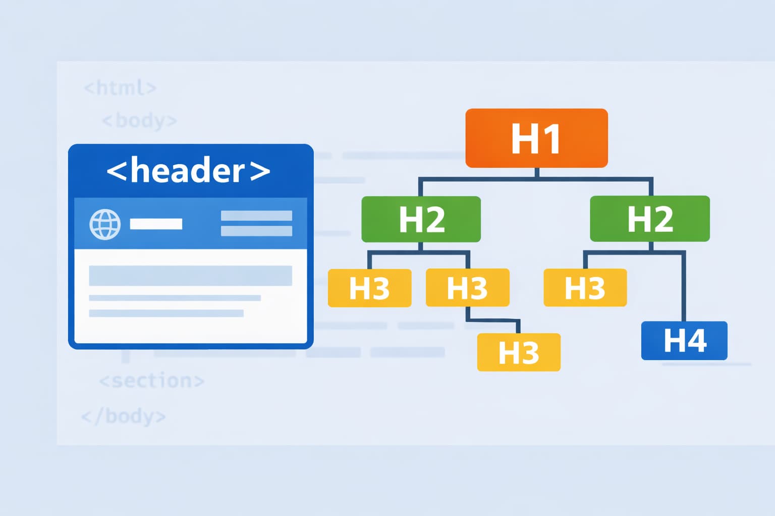 header要素と見出しタグの関係を示したHTML構造の図解イメージ