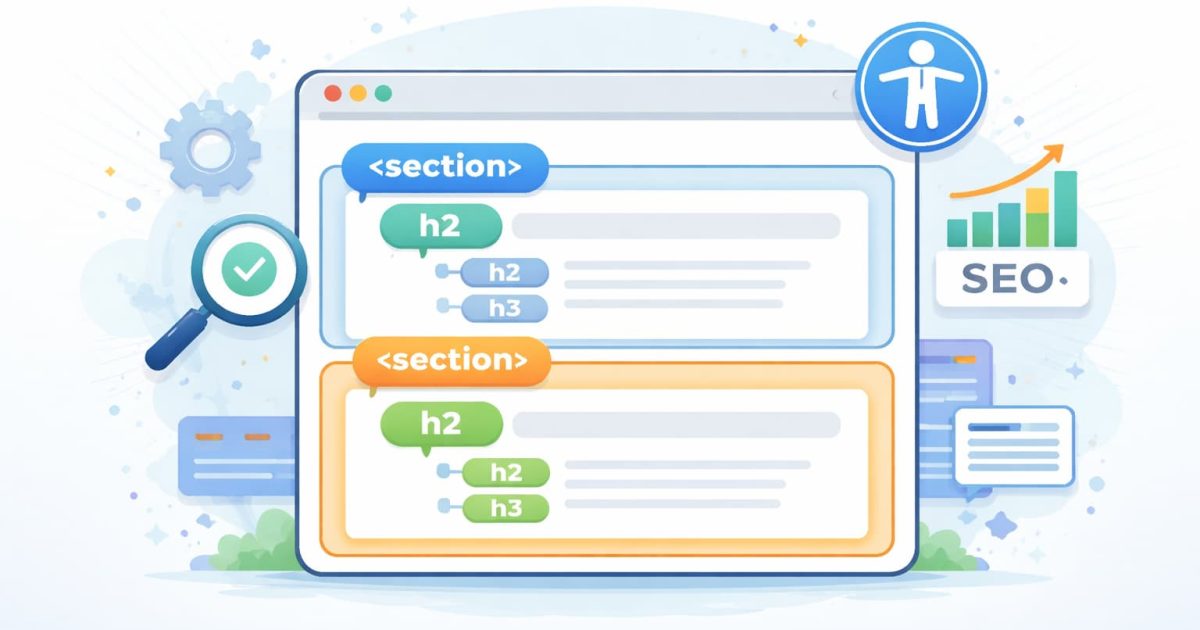 見出しタグとsection要素を使ったHTMLの構造イメージを表現したWeb制作向けビジュアル