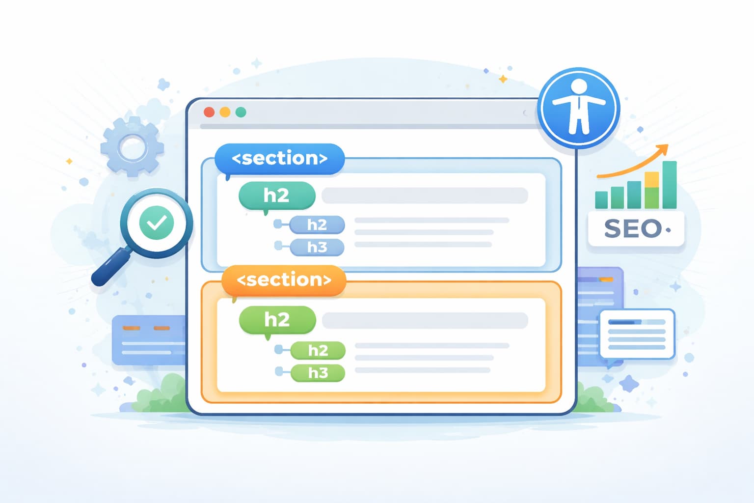 見出しタグとsection要素を使ったHTMLの構造イメージを表現したWeb制作向けビジュアル