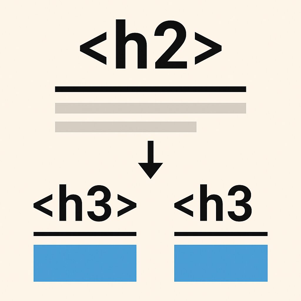 HTMLの見出しタグh2とh3の役割と正しい階層構造を示すイメージ