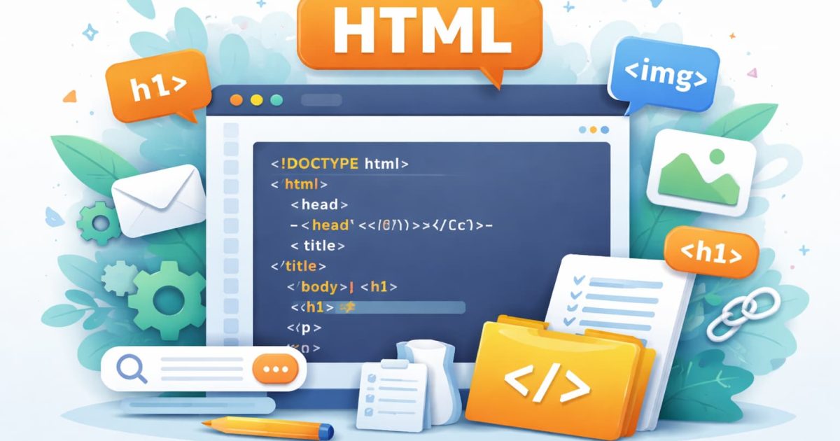 HTMLの基本構造とタグの役割をイメージしたWeb制作のビジュアル