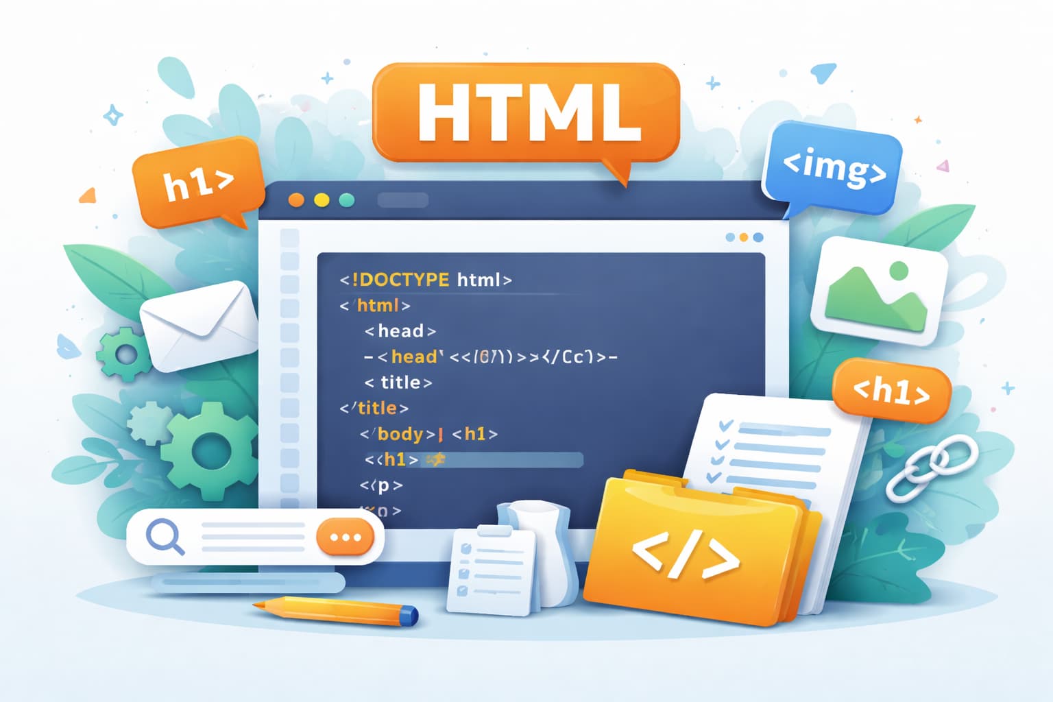 HTMLの基本構造とタグの役割をイメージしたWeb制作のビジュアル