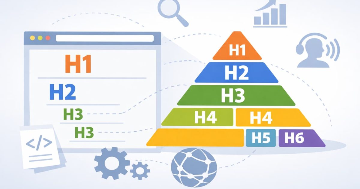 HTMLの見出しタグ（h1〜h6）の階層構造を視覚的に表したWeb制作イメージ