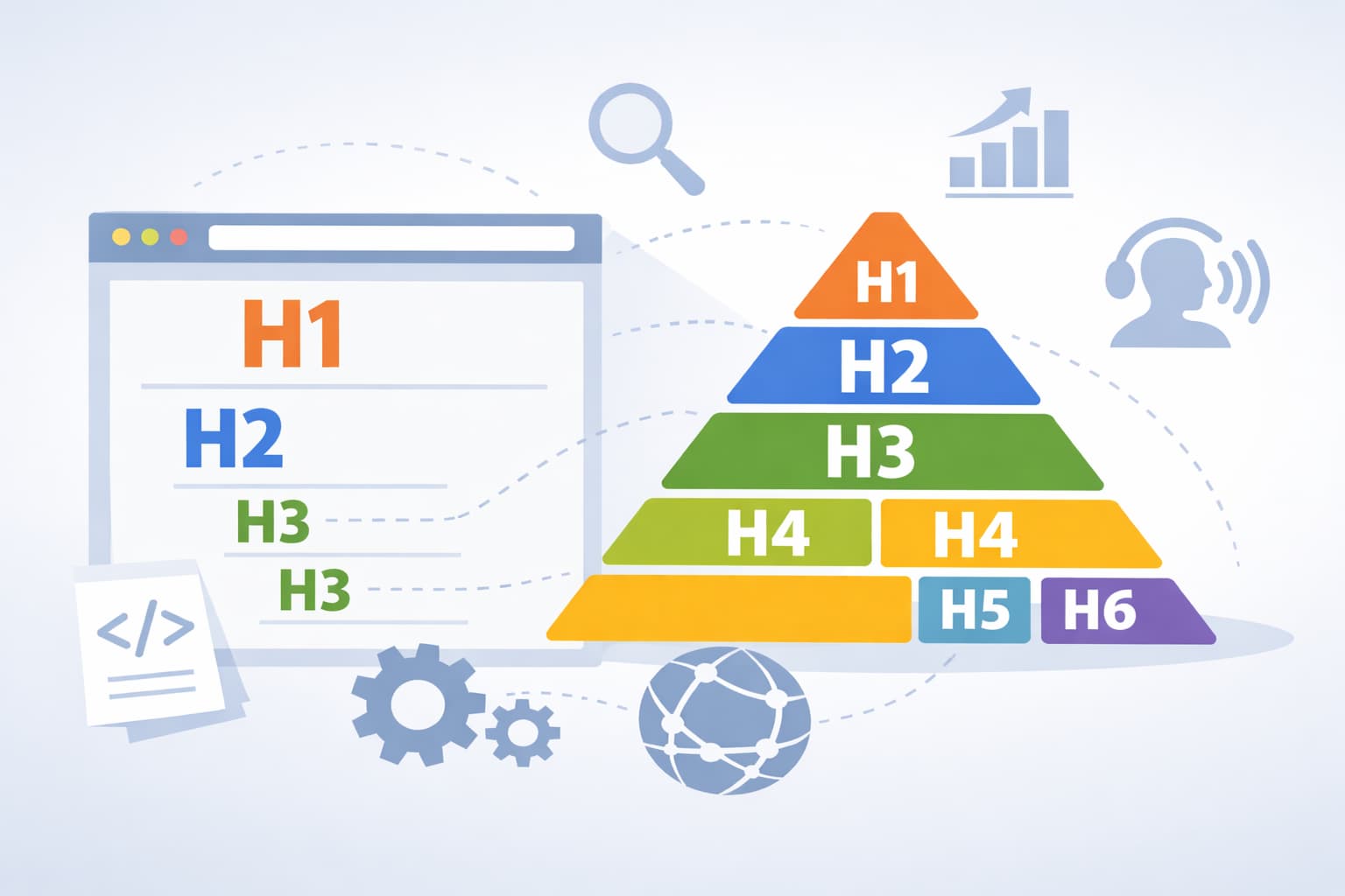 HTMLの見出しタグ（h1〜h6）の階層構造を視覚的に表したWeb制作イメージ