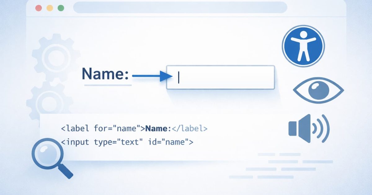 label要素とinputフィールドの関係が分かる入力フォームのイメージ。アクセシビリティに配慮したHTMLフォーム設計を表している。
