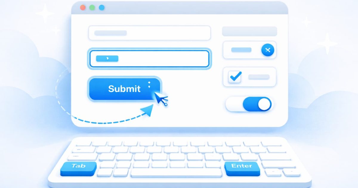 キーボード操作に対応したWeb UI設計を示す、フォーカスが強調されたボタンと入力フォームのイメージ