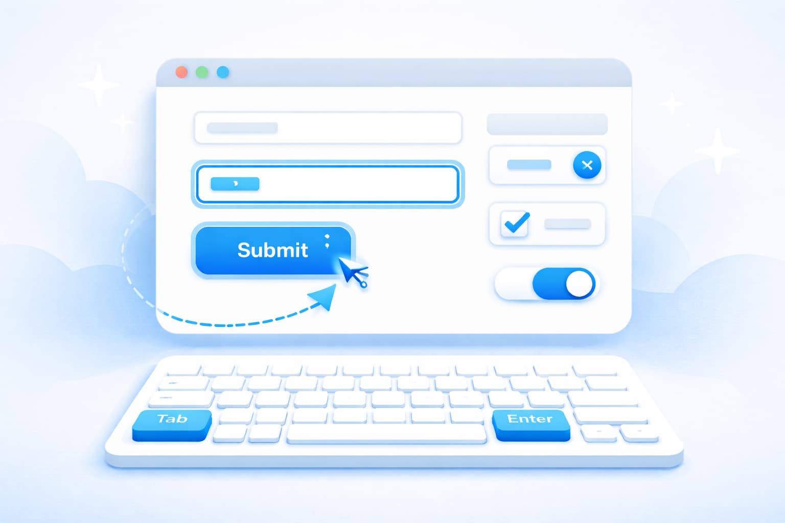 キーボード操作に対応したWeb UI設計を示す、フォーカスが強調されたボタンと入力フォームのイメージ