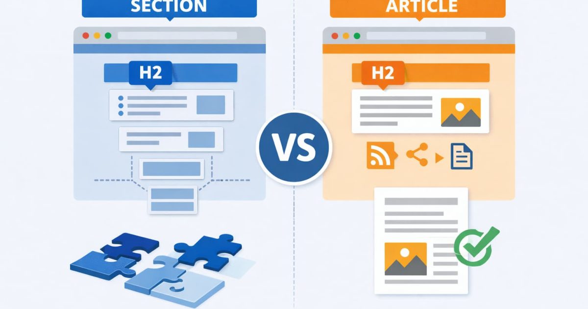 section要素とarticle要素の使い分けを示したHTML文書構造のイメージ
