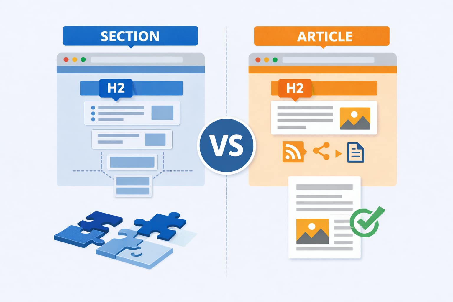 section要素とarticle要素の使い分けを示したHTML文書構造のイメージ