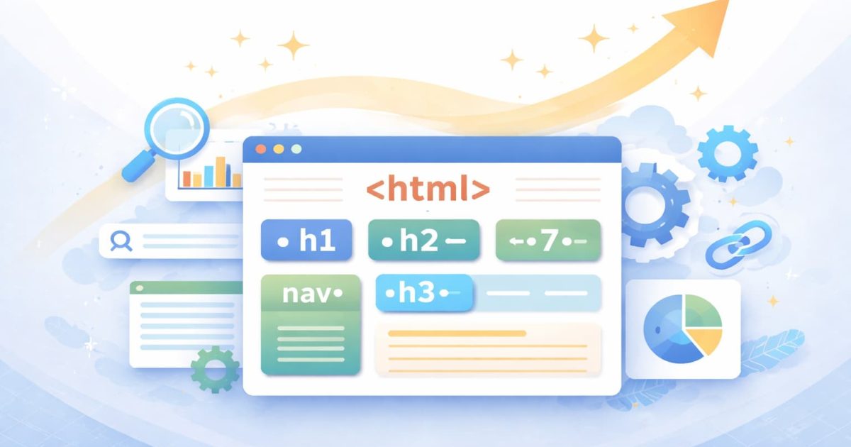 HTML構造とWebページ設計をイメージしたシンプルなビジュアル