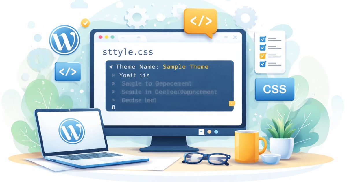 WordPressテーマのstyle.cssでテーマ情報を定義する基本構成を示すイメージ