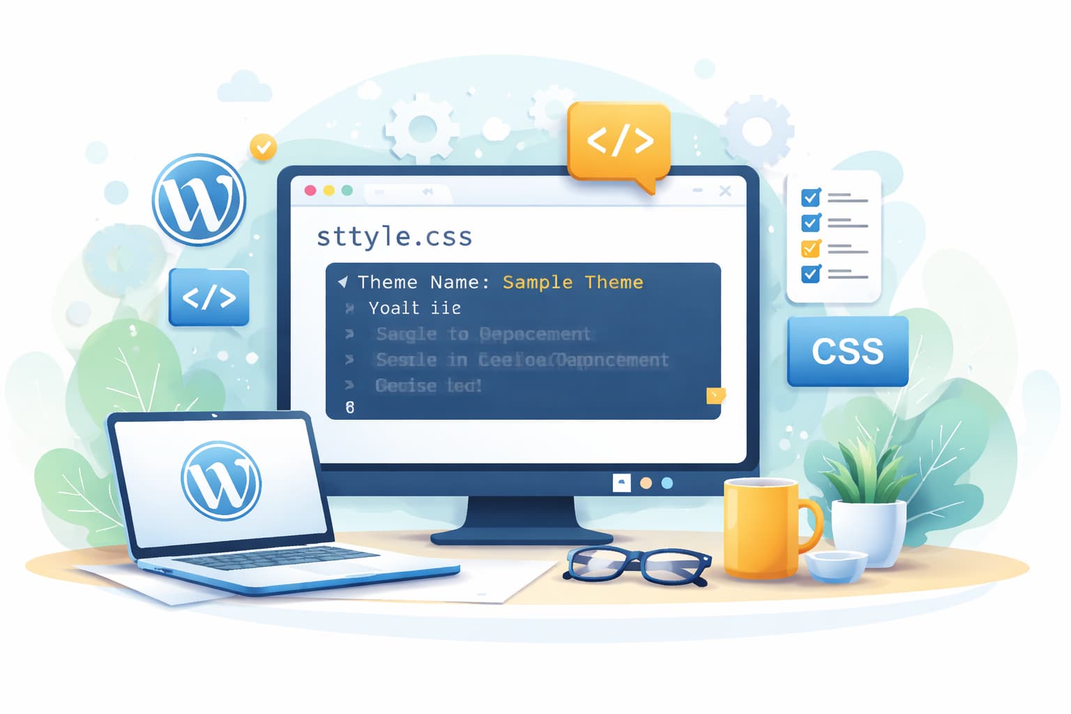 WordPressテーマのstyle.cssでテーマ情報を定義する基本構成を示すイメージ