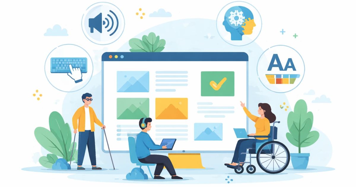 Webアクセシビリティの基礎をテーマに、誰もが利用しやすいWebサイト設計を表現したイメージ