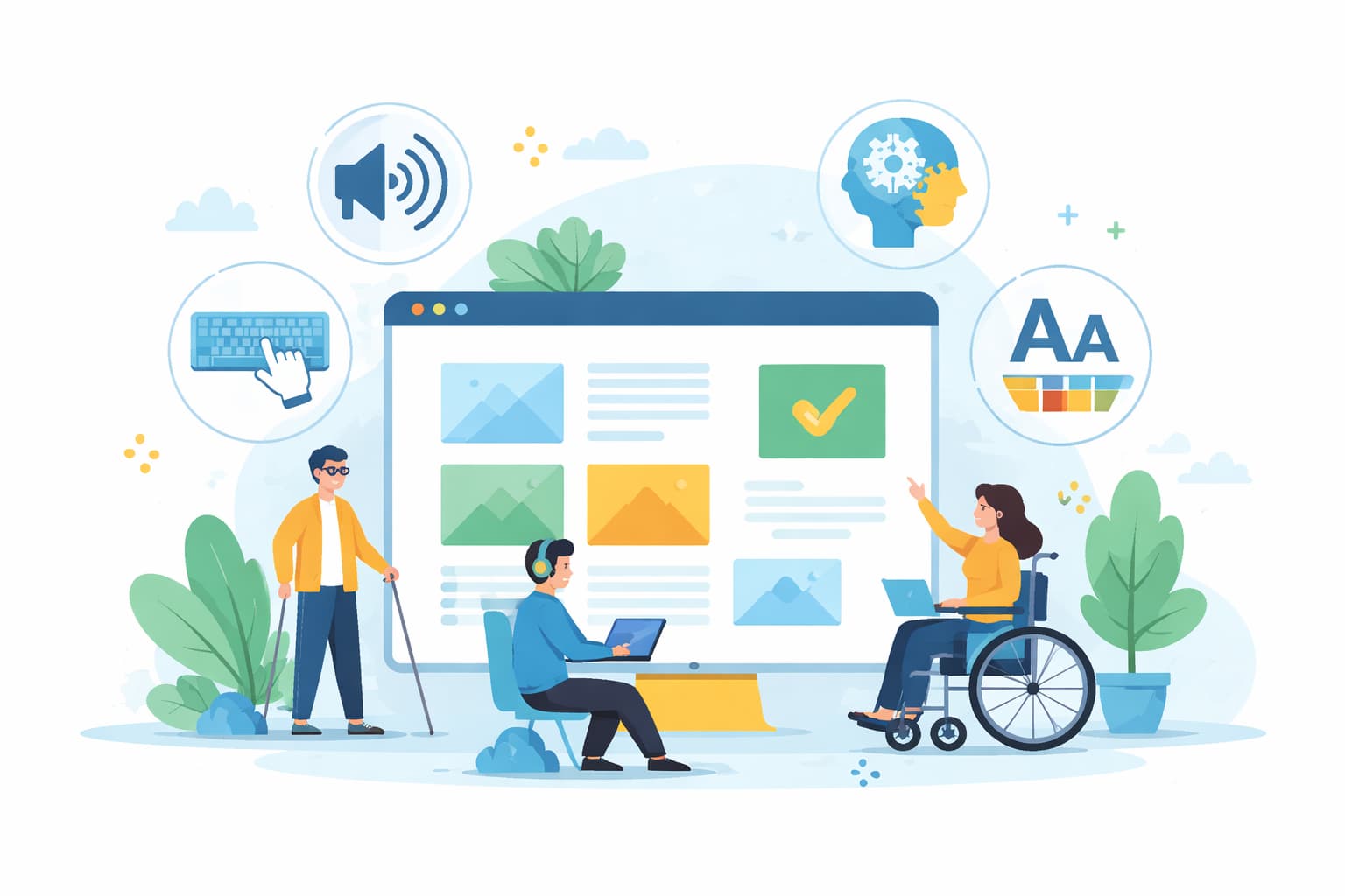 Webアクセシビリティの基礎をテーマに、誰もが利用しやすいWebサイト設計を表現したイメージ