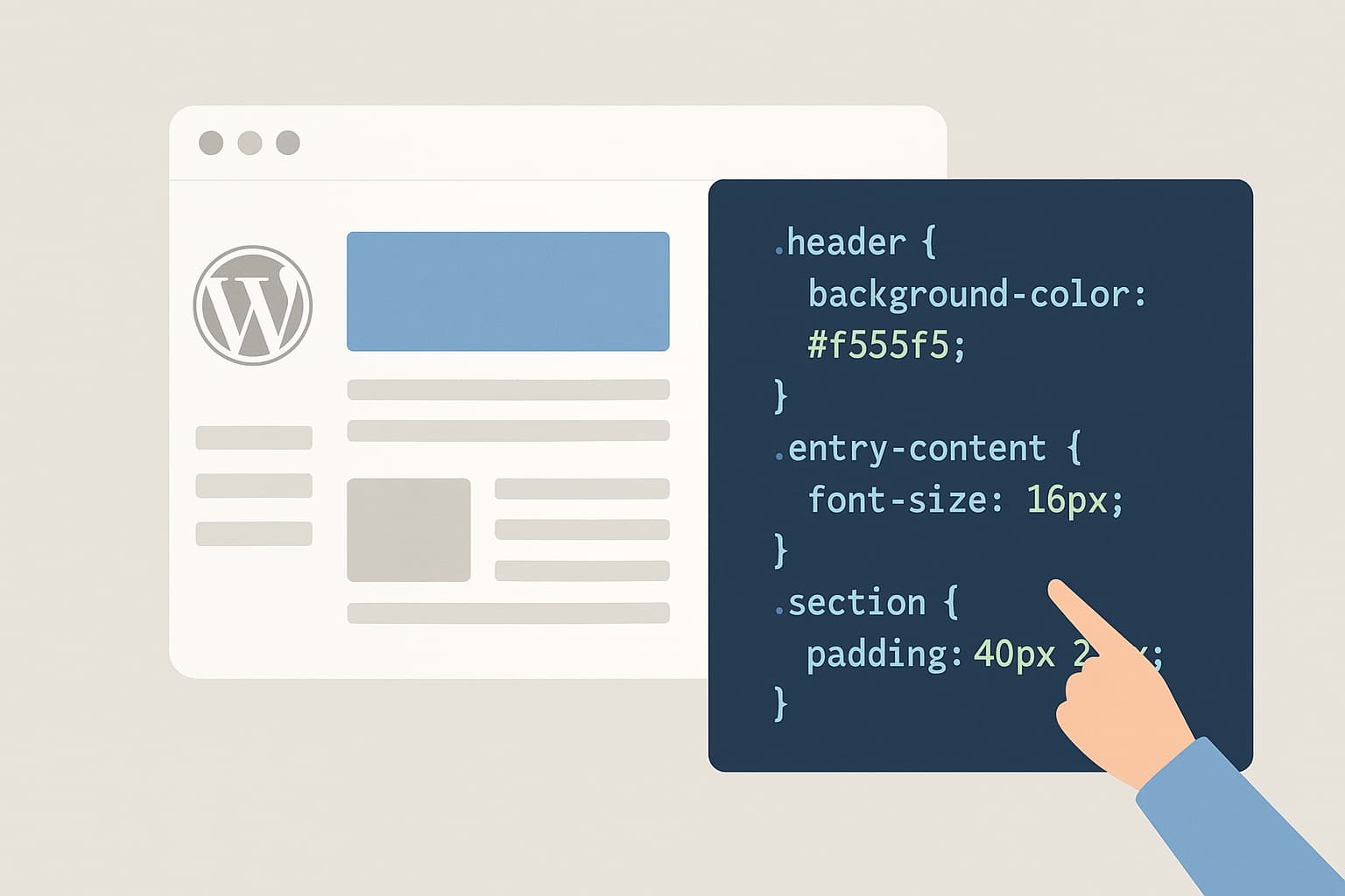 WordPressテーマをCSSでカスタマイズしている様子をイメージしたシンプルなデザインのイラスト