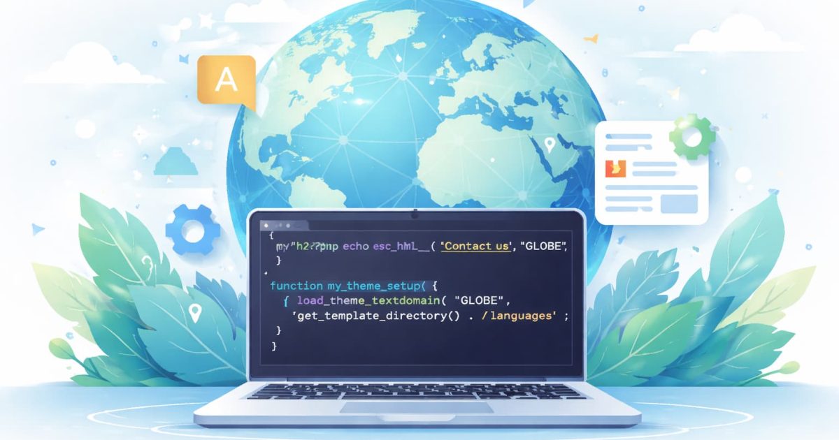 WordPressテーマ開発におけるText Domainと翻訳対応を象徴する、グローバルとコードをイメージしたビジュアル