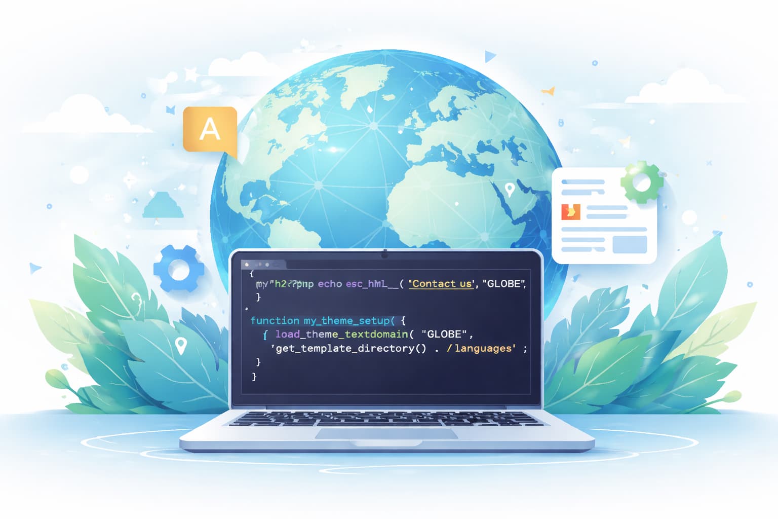 WordPressテーマ開発におけるText Domainと翻訳対応を象徴する、グローバルとコードをイメージしたビジュアル