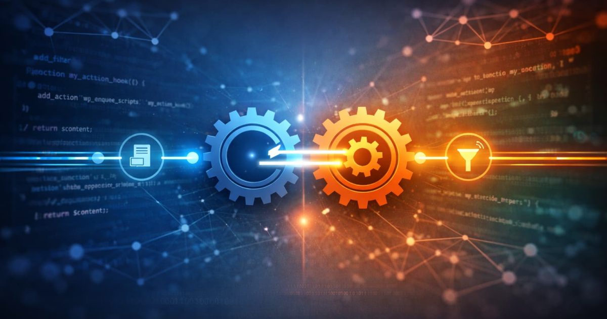 functions.phpでadd_actionとadd_filterを使ったWordPressフックの仕組みを示すイメージ