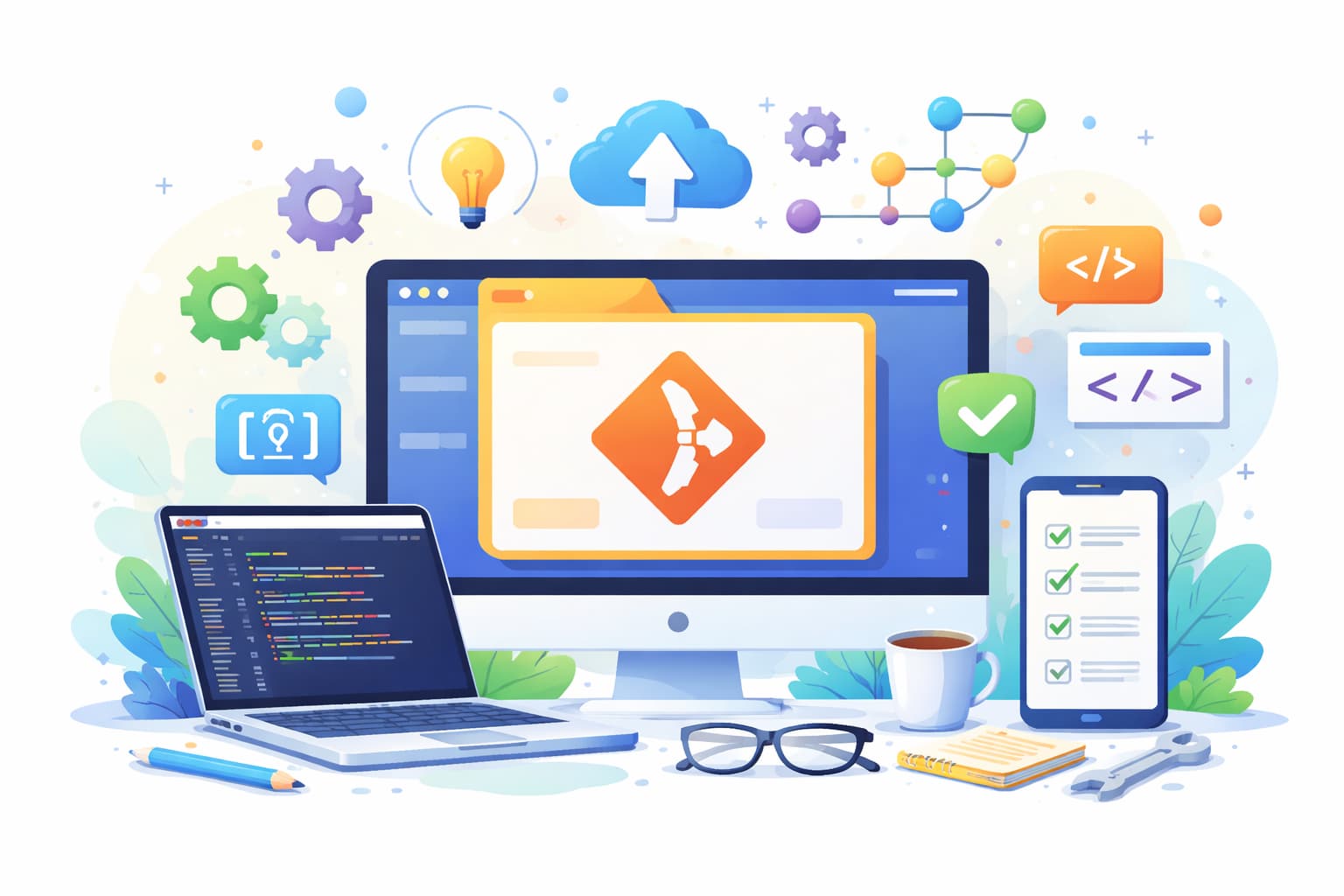 Web制作におけるGitの基本操作とバージョン管理の考え方を表現したイメージ