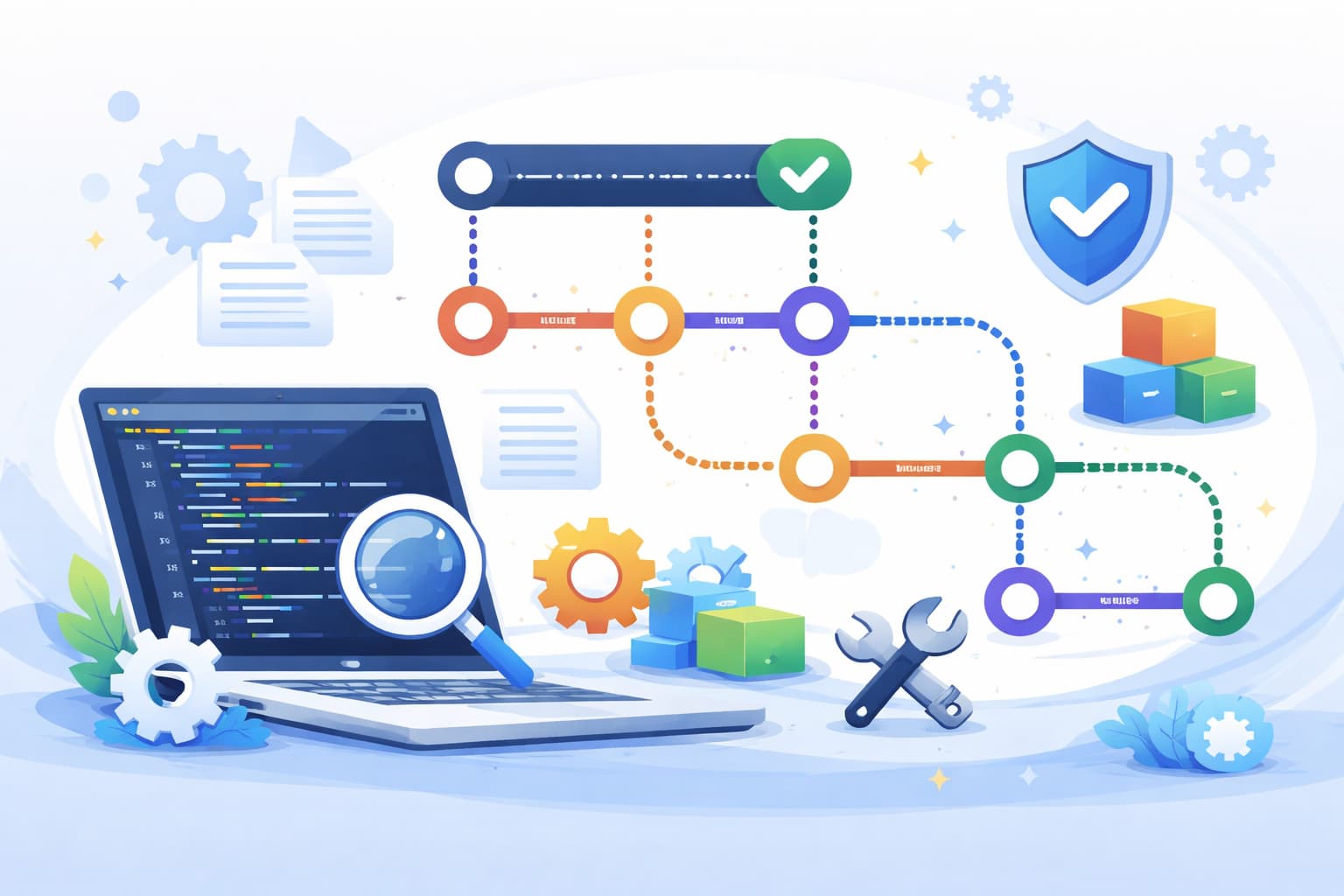 Gitブランチを使って作業を分岐し、開発フローを整理しているイメージ