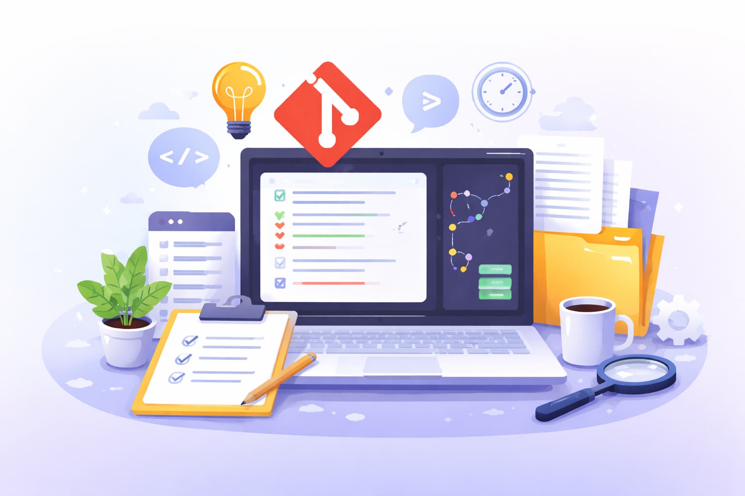 Gitのコミットメッセージの書き方と、履歴を読みやすく整理するための基本的な考え方を表したイメージ