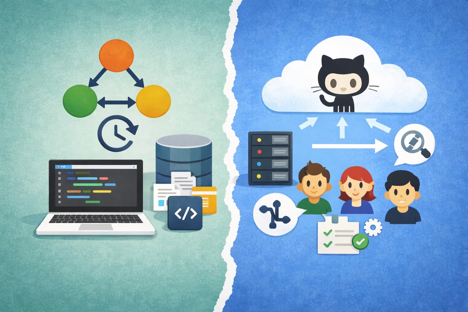 GitとGitHubの役割の違いをイメージで表したバージョン管理の基礎ビジュアル
