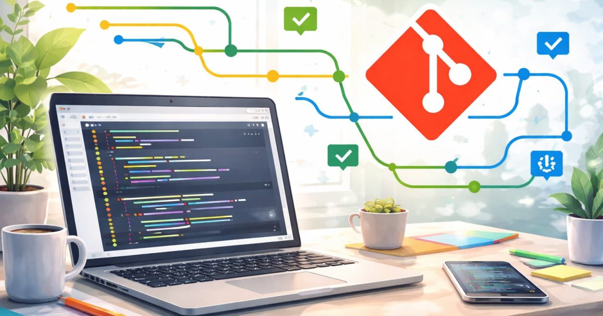 一人開発におけるGitの基本構造と実践的な運用フローをイメージしたビジュアル